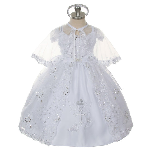 Rain Kids Little Girls White Embroidered Brooch Headband Cape Baptism Dress 3-4 - SophiasStyle.com